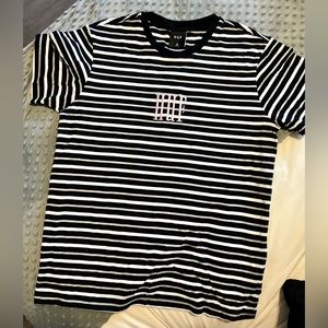Huf Black, Grey, and White Horizontal Stripe Embroidered Pink Huf T-Shirt